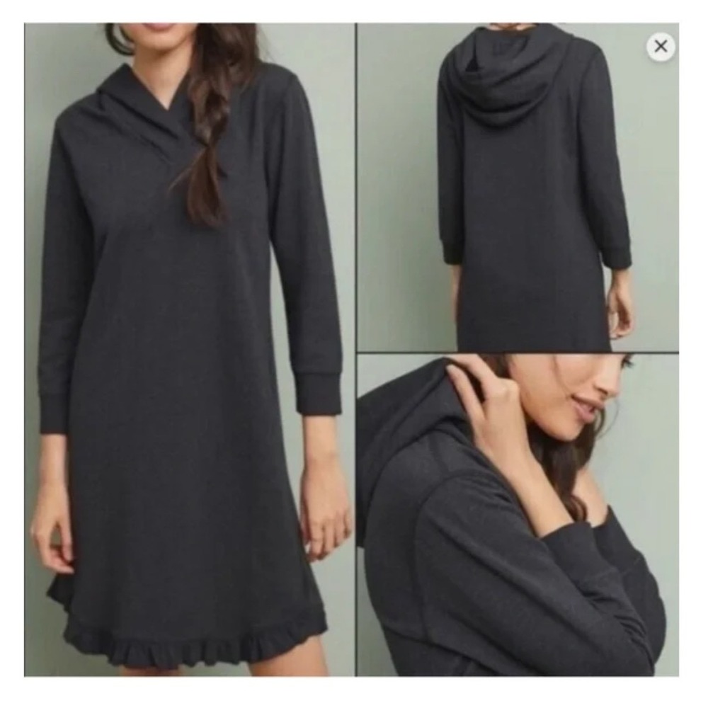 Anthropologie‎ Sundays Grey Ruffle Hem Hooded Sweatshirt Dress XS Long Sleeve